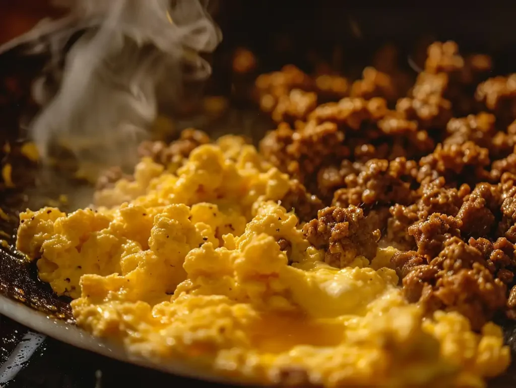 cooked white rice and frozen vegetables tossed into ground beef skillet boy kibble recipe