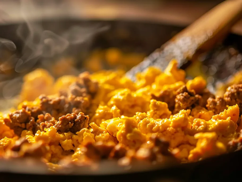 soft scrambled eggs folded into browned ground beef in skillet boy kibble recipe step 3