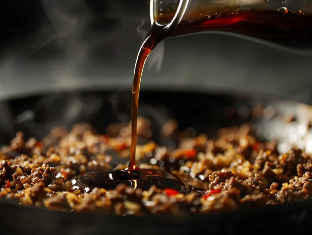 soy sauce being poured over boy kibble recipe in hot skillet final step