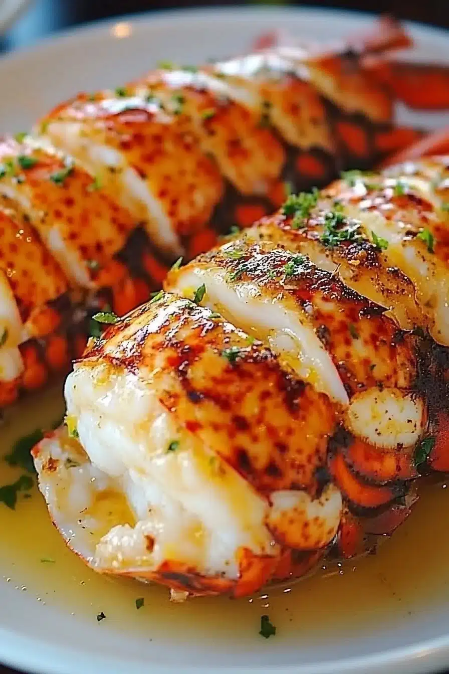 Broiled lobster tails with zesty lemon garlic butter served on a plate