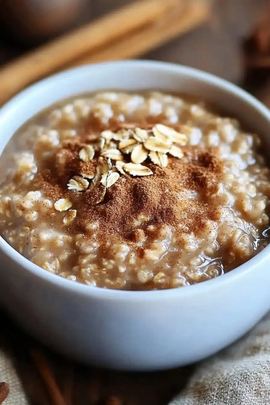 Creamy brown sugar cinnamon oatmeal in a bowl topped with fresh fruit.