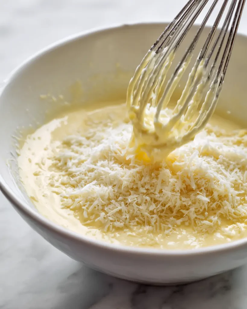 Ultimate Spaghetti Carbonara Recipe (Creamy, No Cream) 13 Egg yolks and freshly grated Pecorino Romano being whisked into a smooth pale yellow carbonara sauce in a white ceramic bowl.