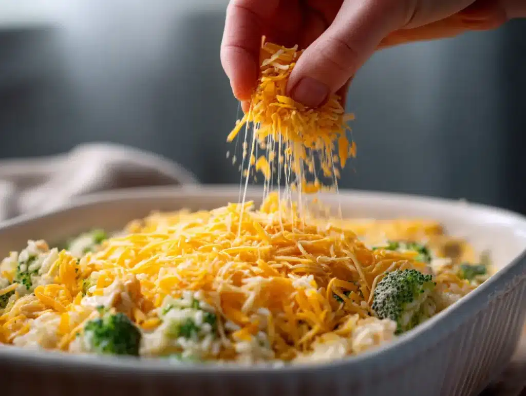 Shredded cheddar cheese being sprinkled over chicken broccoli rice casserole before final bake