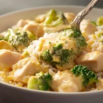 Raw chicken, rice, and broccoli being folded into creamy casserole sauce in a white bowl
