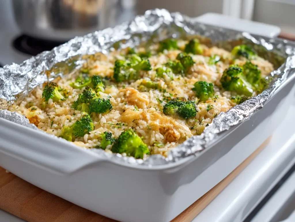 Chicken broccoli rice casserole covered tightly with foil ready to go into the oven