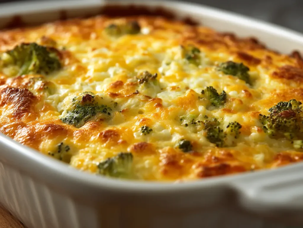 Chicken broccoli rice casserole fresh from the oven with bubbling golden cheddar crust