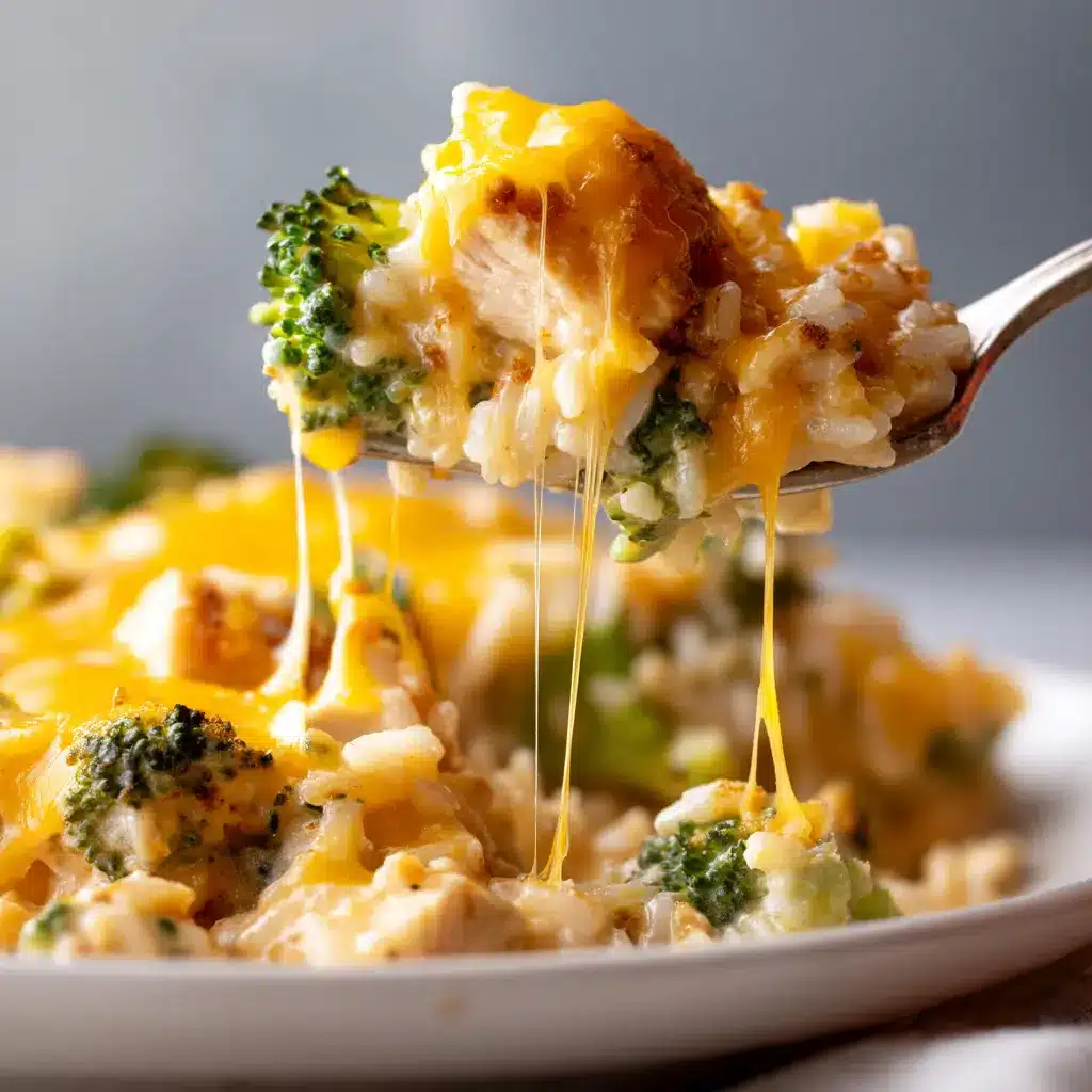 Fork lifting a bite of cheesy chicken broccoli rice casserole showing creamy texture inside