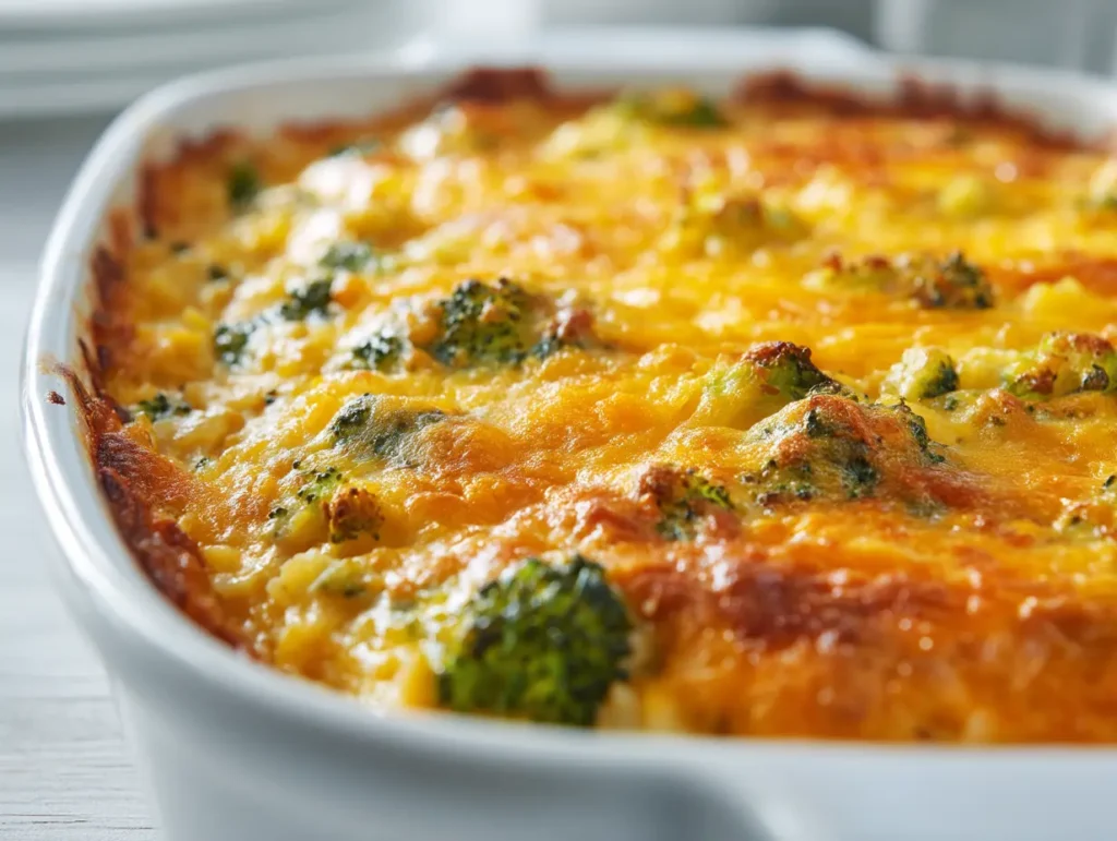 Current image: Chicken broccoli rice casserole golden and cheesy in a white baking dish
