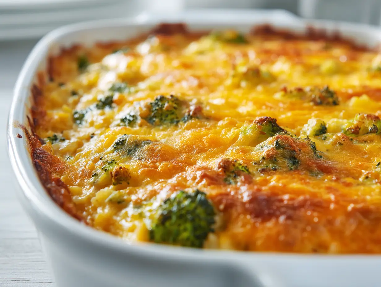 Chicken broccoli rice casserole golden and cheesy in a white baking dish