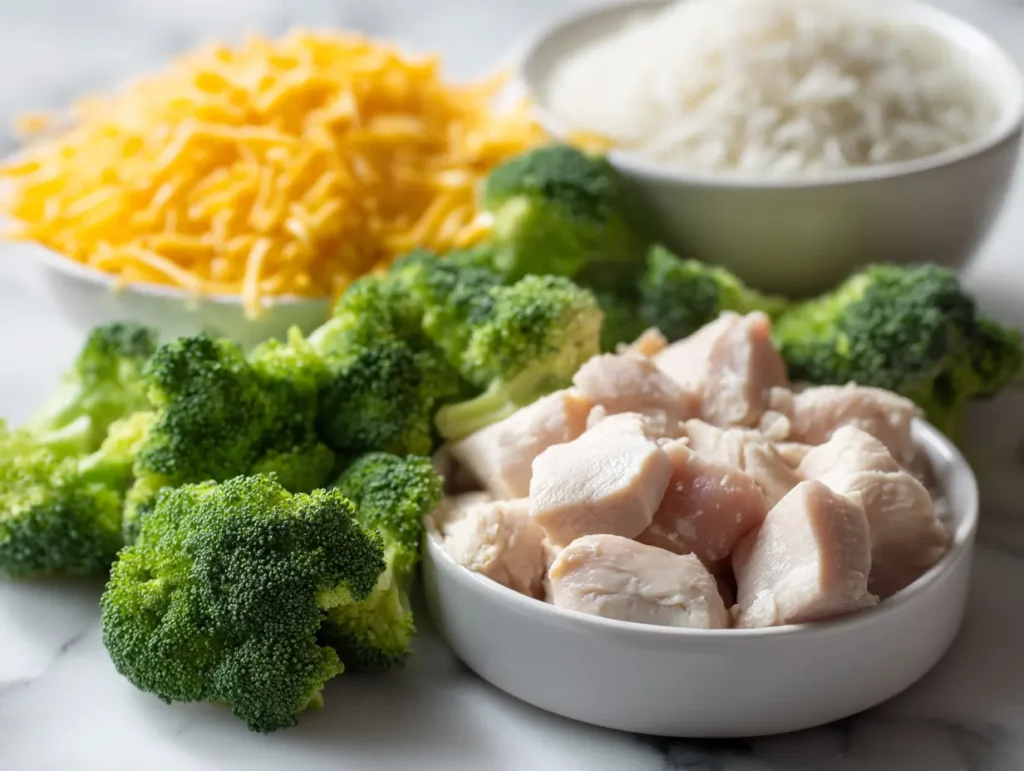 Fresh ingredients for chicken broccoli rice casserole including chicken breast, broccoli, rice, and cheddar