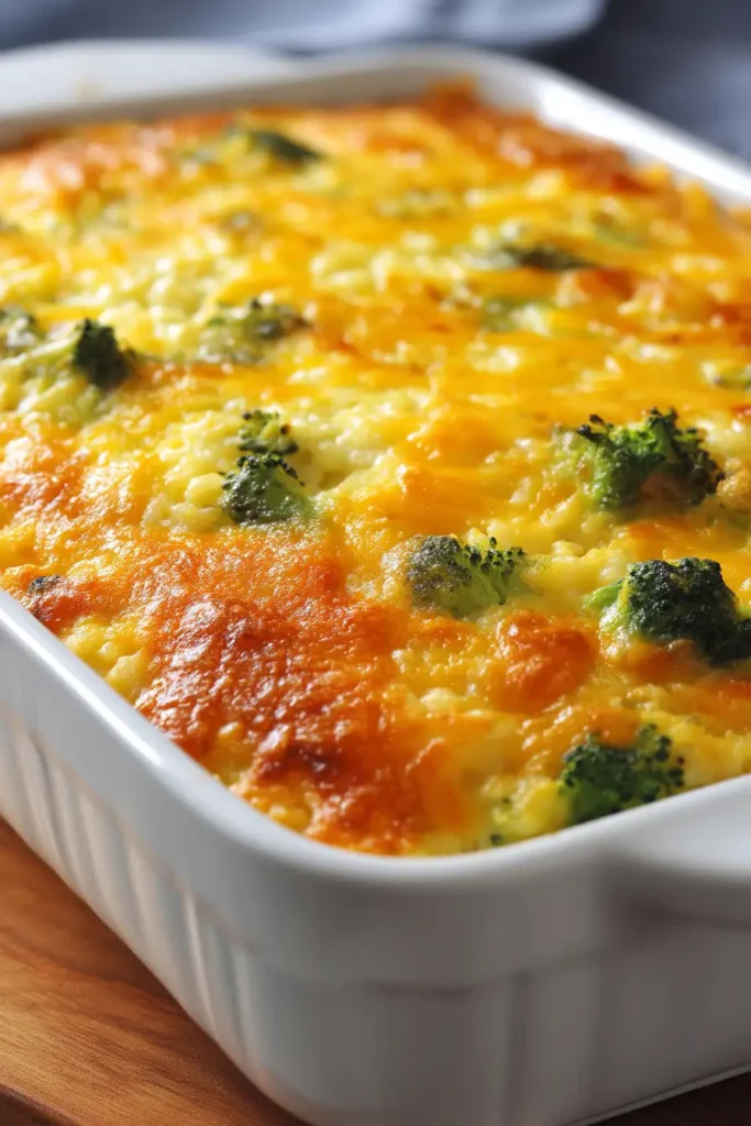 Easy chicken broccoli rice casserole baked golden and cheesy in one dish for the whole family