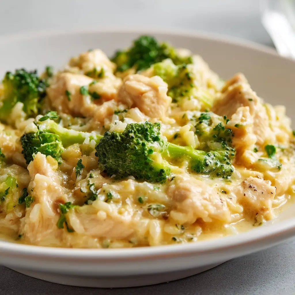 A plated serving of chicken broccoli rice casserole showing creamy rice, tender chicken, and broccoli