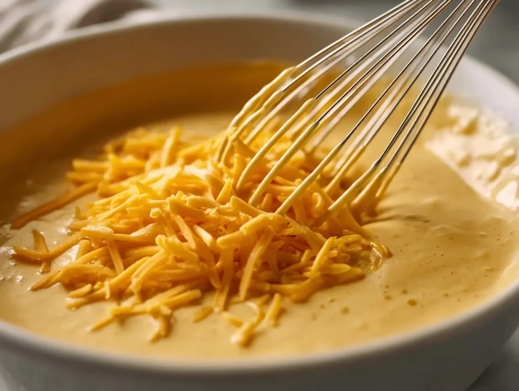 	Creamy golden sauce being mixed for chicken broccoli rice casserole in a large white bowl