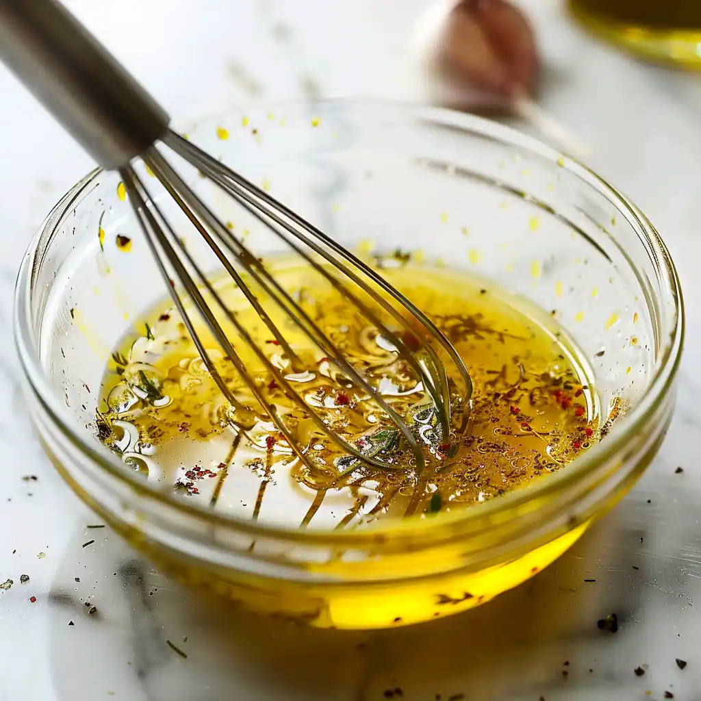 Classic Greek salad dressing recipe being whisked in a small bowl