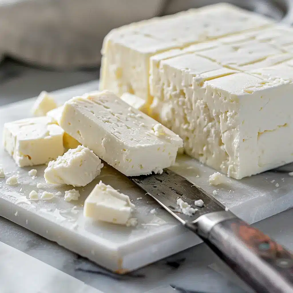 Feta cheese cut into cubes for classic Greek salad with feta cheese