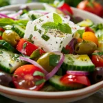 Classic Greek salad recipe with feta cheese and Kalamata olives in a ceramic bowl