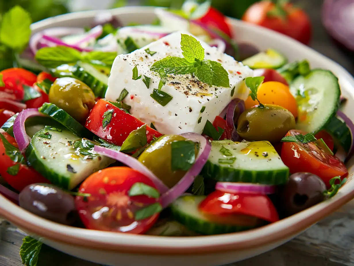 Classic Greek salad recipe with feta cheese and Kalamata olives in a ceramic bowl