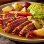 Plated corned beef and cabbage recipe with sliced beef, cabbage wedges, carrots and potatoes on a white plate