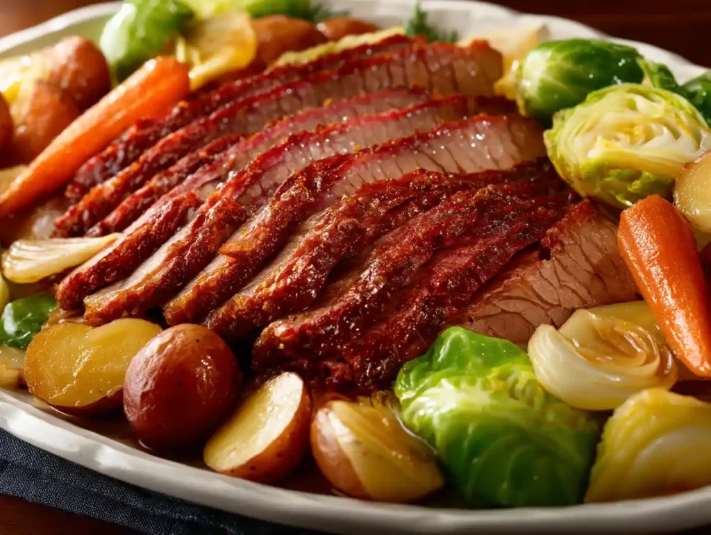 Large serving platter of corned beef and cabbage recipe with full brisket, cabbage, carrots and potatoes