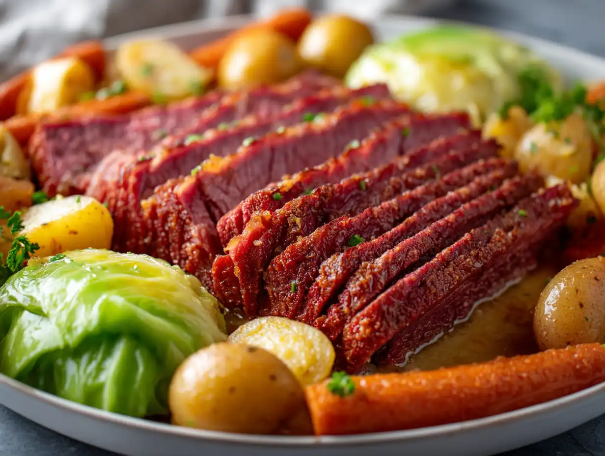 Close-up of a tender corned beef and cabbage recipe served on a white ceramic platter with carrots and potatoes