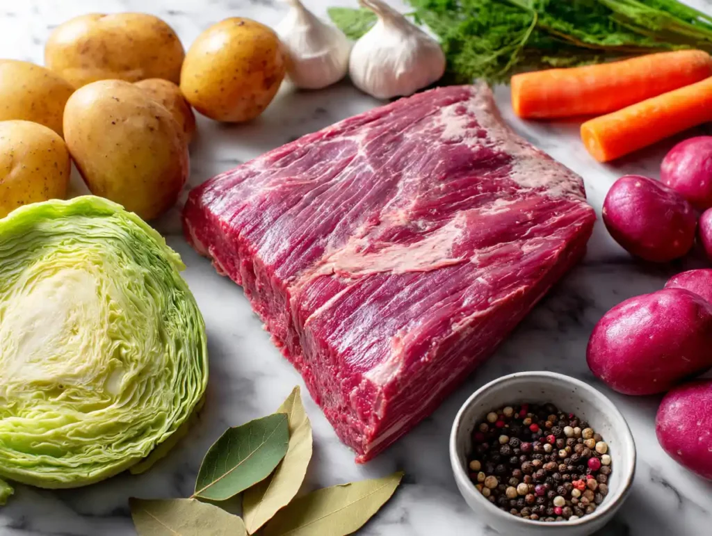 Raw ingredients for corned beef and cabbage recipe including brisket, cabbage, carrots, potatoes and spices