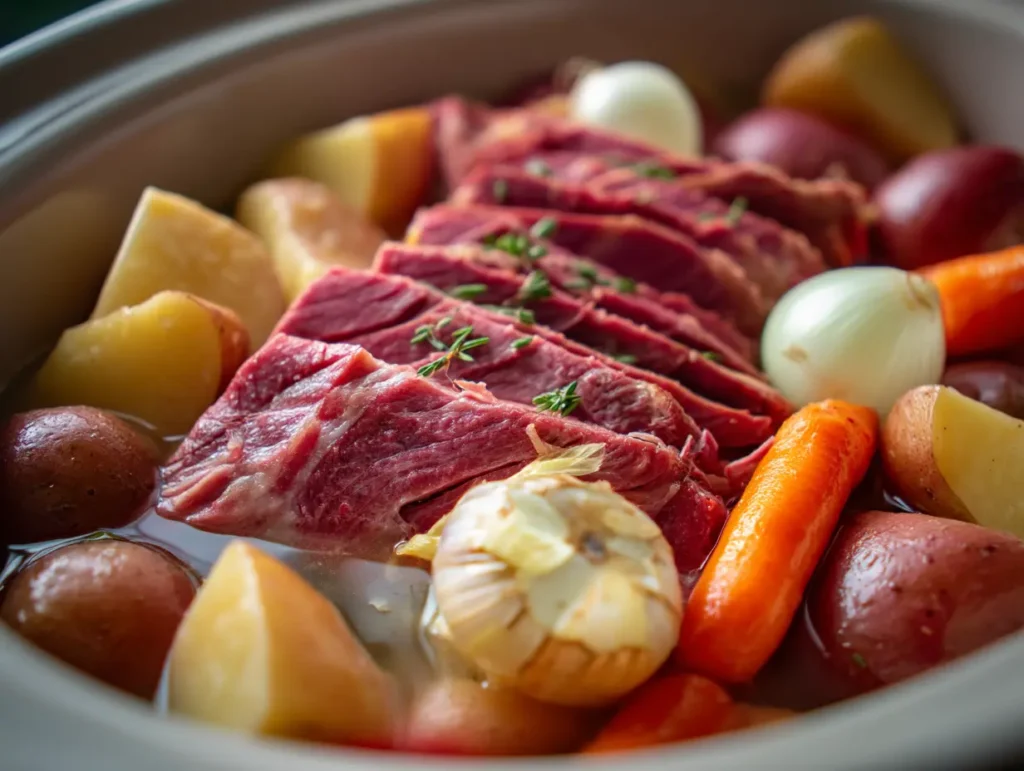 Corned beef and cabbage recipe ingredients layered inside a white slow cooker ready for cooking