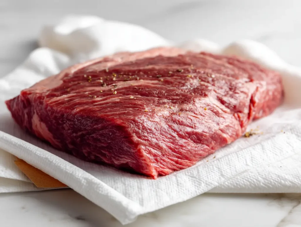 Raw corned beef brisket being patted dry on a white surface, step one of corned beef and cabbage recipe