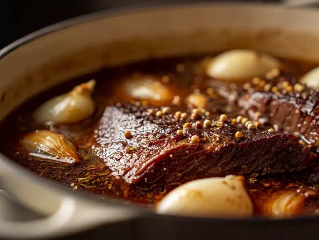 Corned beef brisket simmering in a white Dutch oven with broth and aromatics for corned beef and cabbage recipe