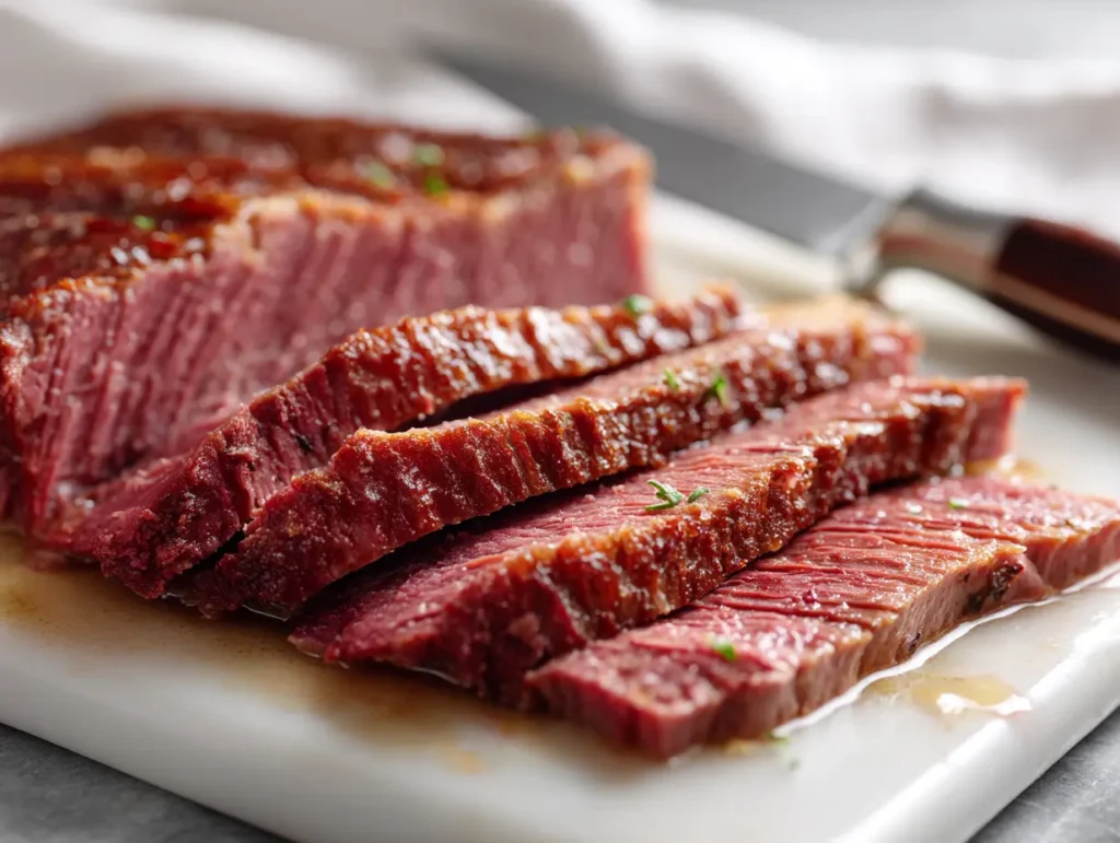Corned beef brisket being sliced against the grain on a white surface, final step of corned beef and cabbage recipe