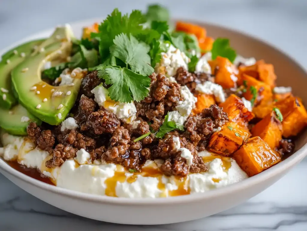 5 Easy Cottage Cheese Beef Bowl Recipes Your Family Will Love 12 Current image: Cottage cheese beef bowl with seasoned ground beef, sweet potato and avocado on white ceramic bowl