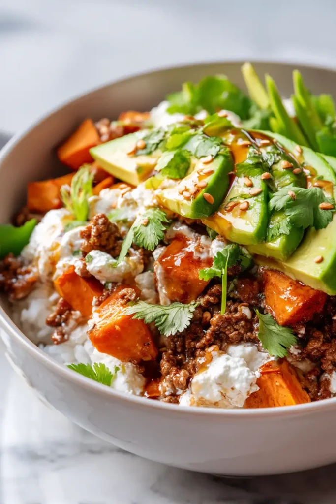 5 Easy Cottage Cheese Beef Bowl Recipes Your Family Will Love 22 Cottage cheese beef bowl high protein family dinner with sweet potato avocado and hot honey