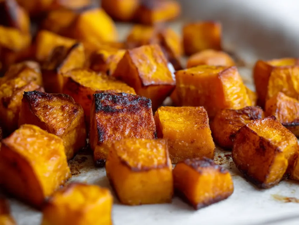 5 Easy Cottage Cheese Beef Bowl Recipes Your Family Will Love 15 Roasted sweet potato cubes golden caramelized edges on white baking sheet for cottage cheese beef bowl