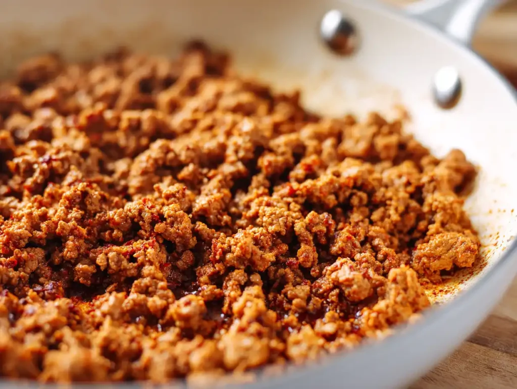 5 Easy Cottage Cheese Beef Bowl Recipes Your Family Will Love 16 Seasoned ground beef browning in white skillet with spices for cottage cheese beef bowl