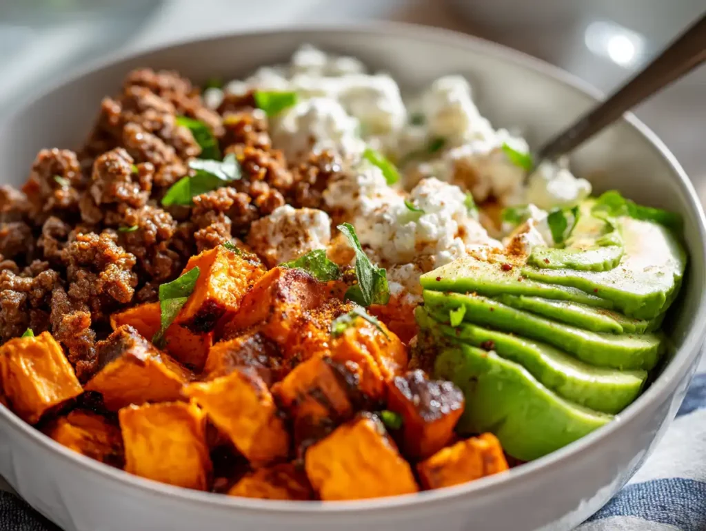 5 Easy Cottage Cheese Beef Bowl Recipes Your Family Will Love 18 Cottage cheese beef bowl being assembled with beef sweet potato and avocado layers in white bowl