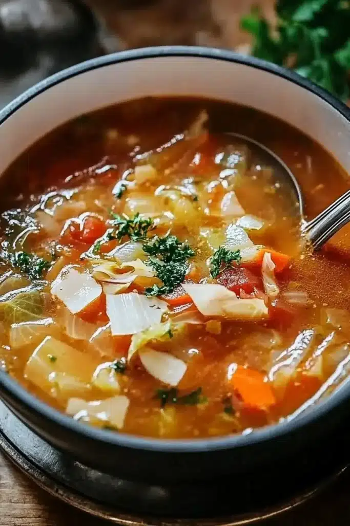 Current image: Bowl of cozy cabbage soup with fresh ingredients and herbs