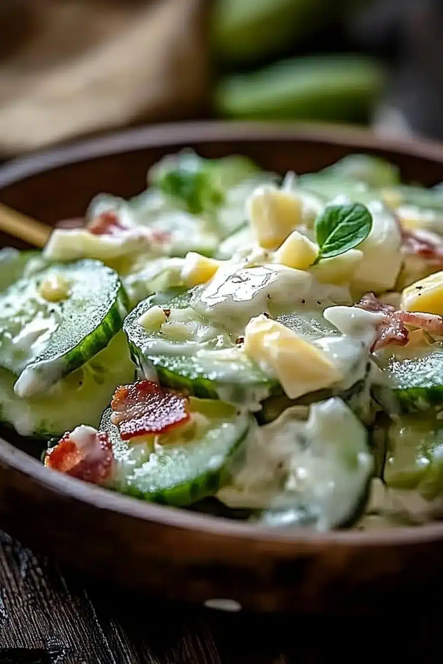 Creamy cucumber salad with bacon and cheese in a bowl