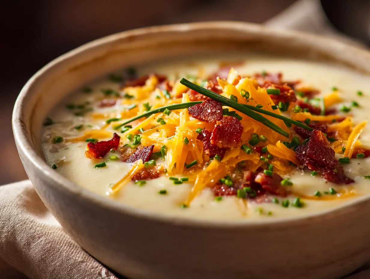 Creamy potato soup in a rustic ceramic bowl topped with cheddar cheese bacon and fresh chives