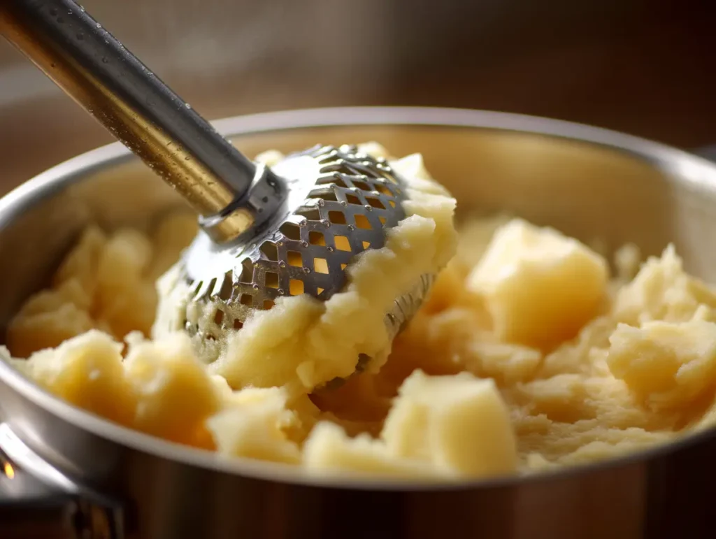 Potato masher pressing into cooked potatoes in a pot of creamy potato soup to thicken without flour