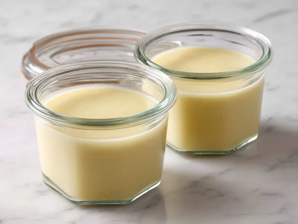Glass airtight containers filled with creamy potato soup for weekly meal prep and freezer storage