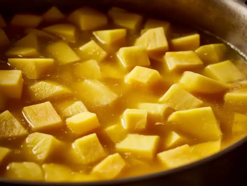 Diced Yukon Gold potatoes simmering in golden chicken broth inside a large pot for homemade potato soup