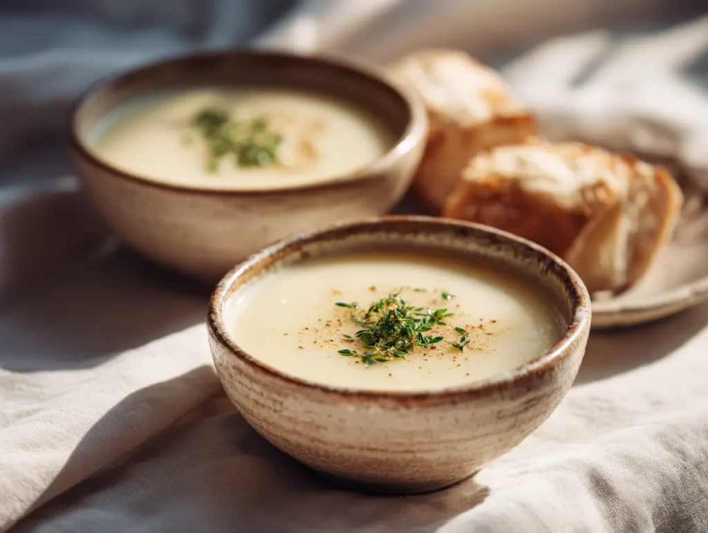 Two bowls of creamy potato soup served on a table with crusty bread and a linen napkin