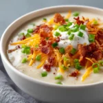 Bowl of loaded creamy potato soup topped with melted cheddar sour cream bacon bits and green onions