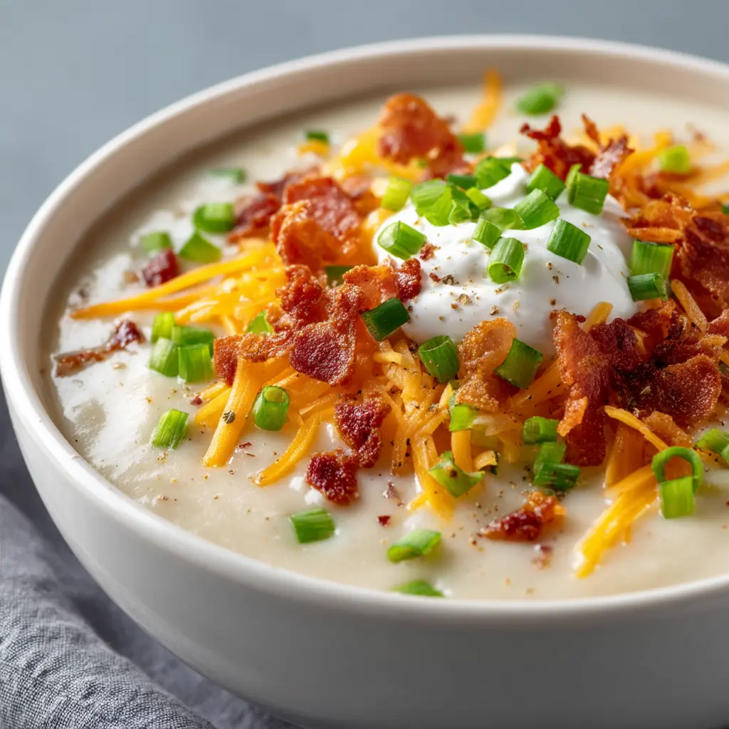 Bowl of loaded creamy potato soup topped with melted cheddar sour cream bacon bits and green onions