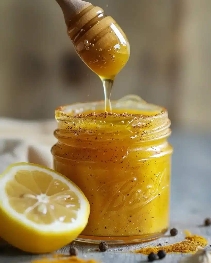 Current image: dr gupta honey and turmeric recipe in a glass jar with golden color close up