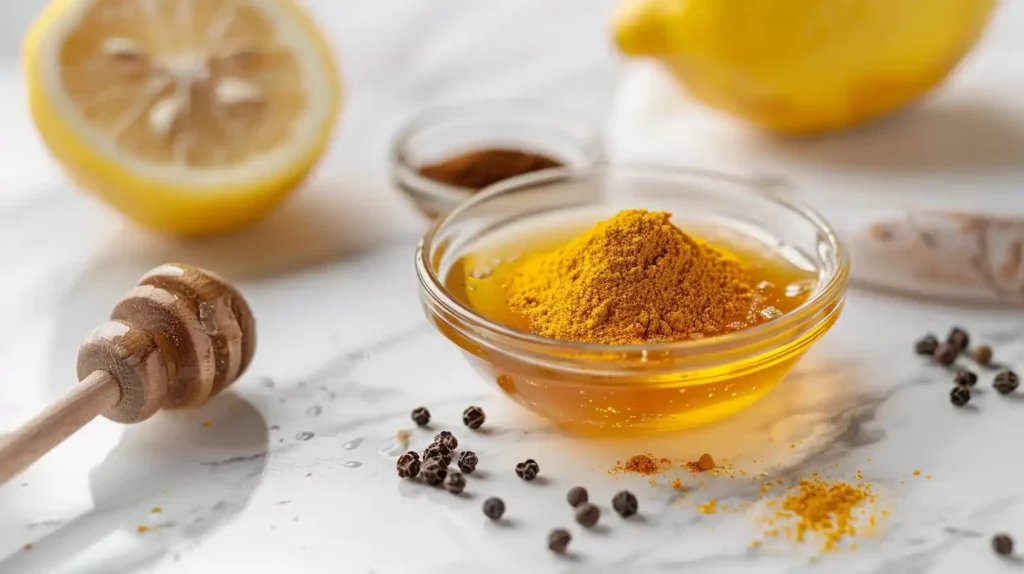 ingredients for dr gupta honey and turmeric recipe including raw honey turmeric lemon and black pepper