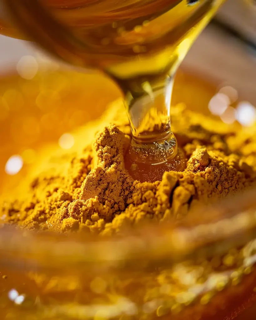 raw turmeric powder and raw honey close up for dr gupta honey and turmeric recipe
