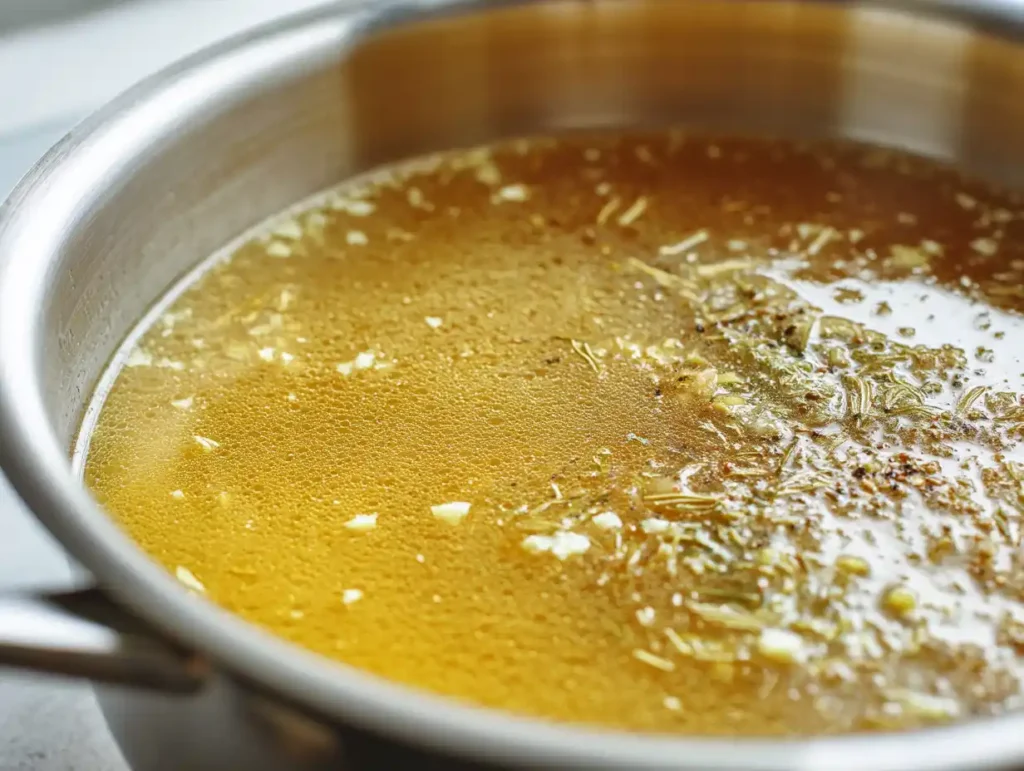 Easy Egg Drop Soup Recipe Ready in 10 Minutes 14 Golden egg drop soup chicken broth heating in a saucepan with fresh grated ginger on the surface