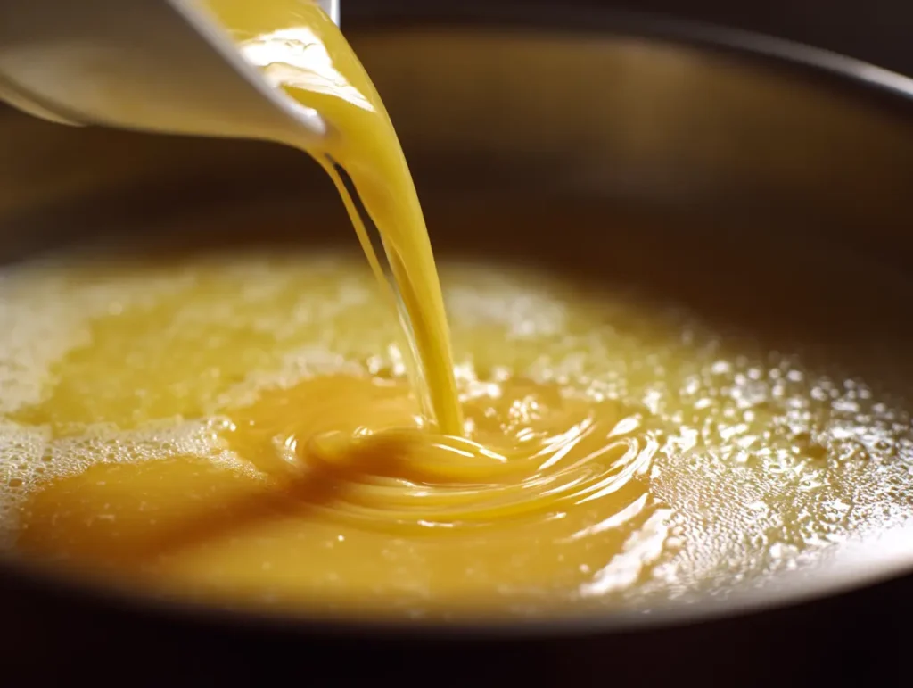 Easy Egg Drop Soup Recipe Ready in 10 Minutes 16 Beaten eggs being poured in a thin stream into swirling egg drop soup broth forming silky ribbons