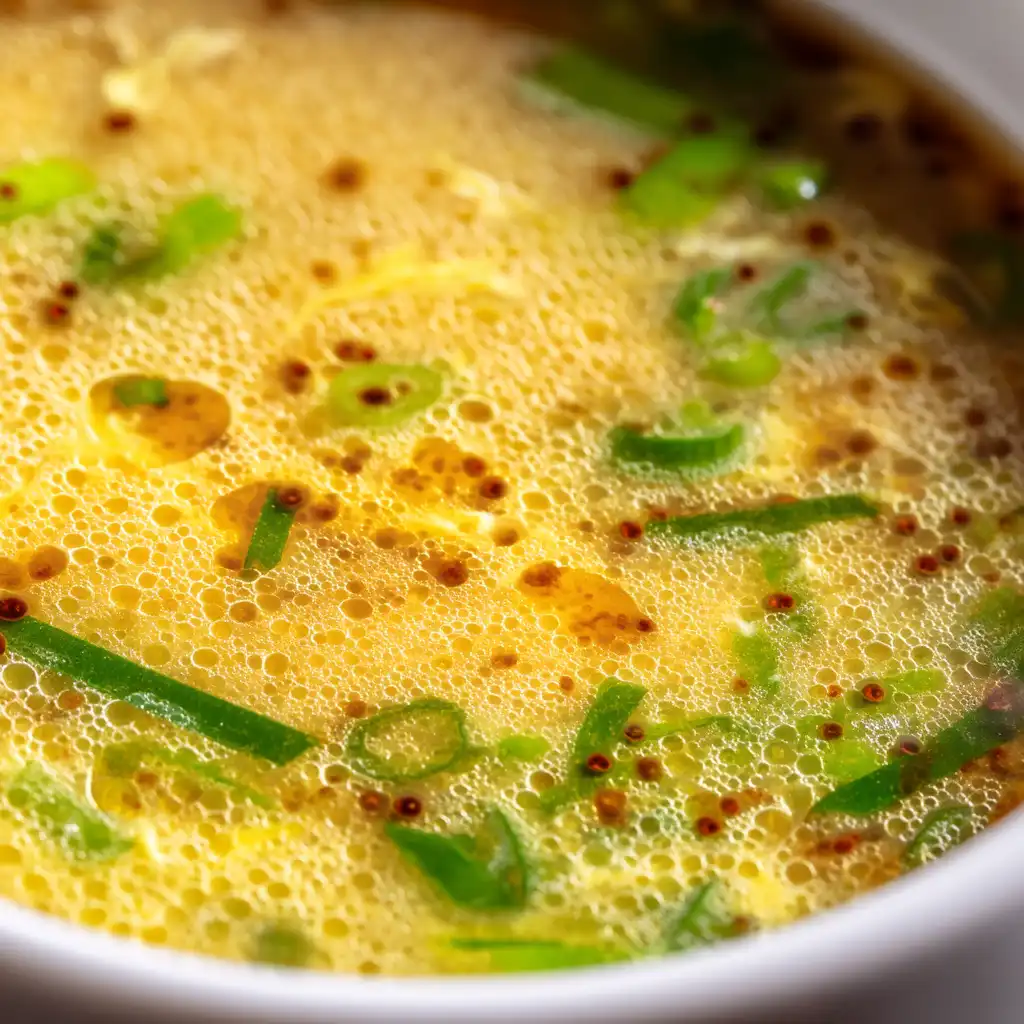 Easy Egg Drop Soup Recipe Ready in 10 Minutes 21 Close-up detail of egg drop soup broth surface showing silky egg ribbons and sesame oil droplets