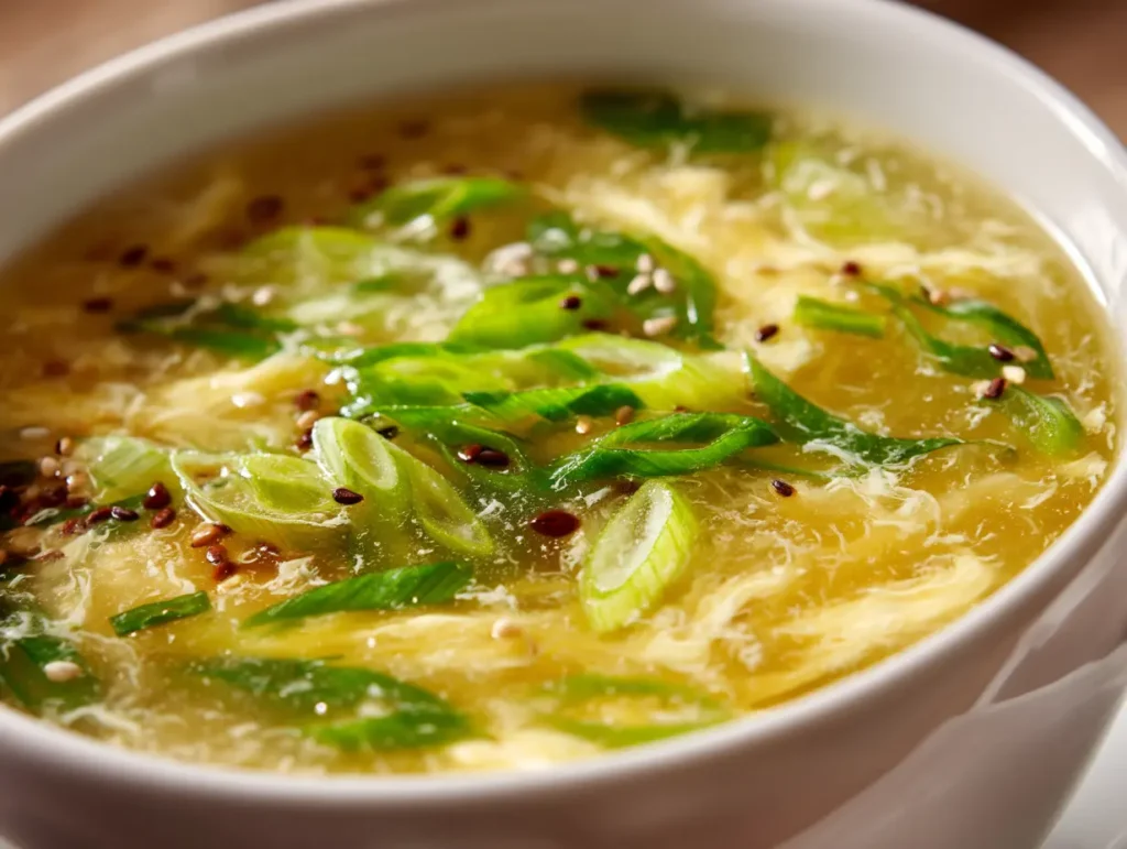 Easy Egg Drop Soup Recipe Ready in 10 Minutes 17 Finished egg drop soup served in a white bowl with golden broth silky egg ribbons and green onion garnish